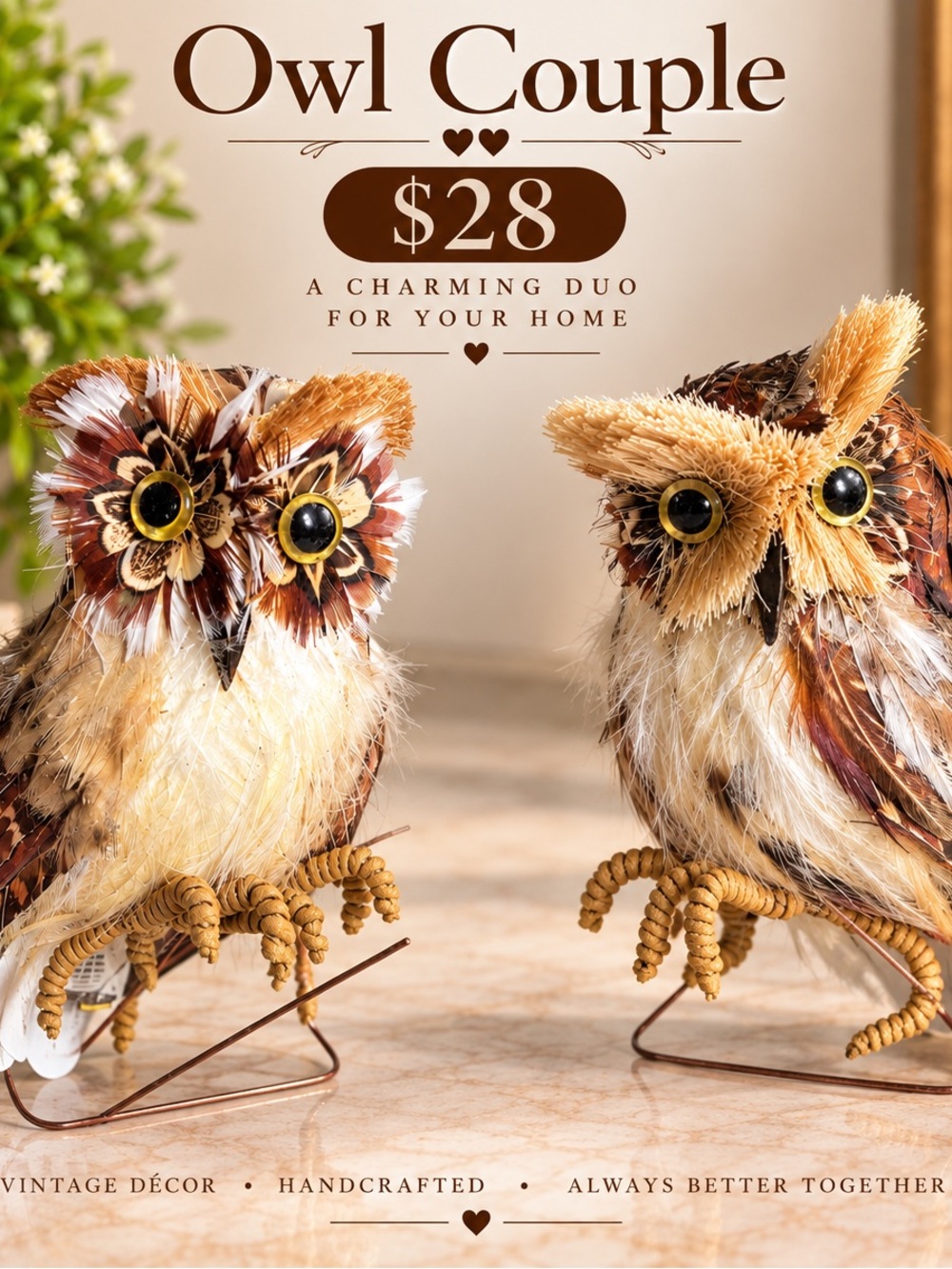 Handcrafted Feather Owl Couple Rustic Decorative Figurines